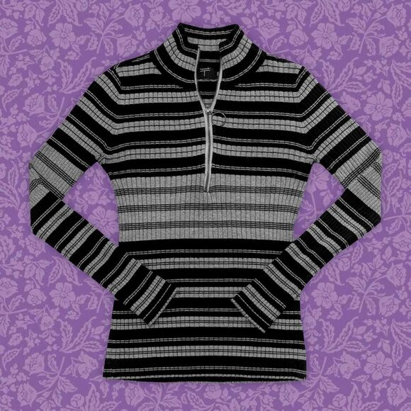 2000s Tahari Black and Grey Ribbed Striped Quarter Zip Sweater | Size S - Picture 1 of 6